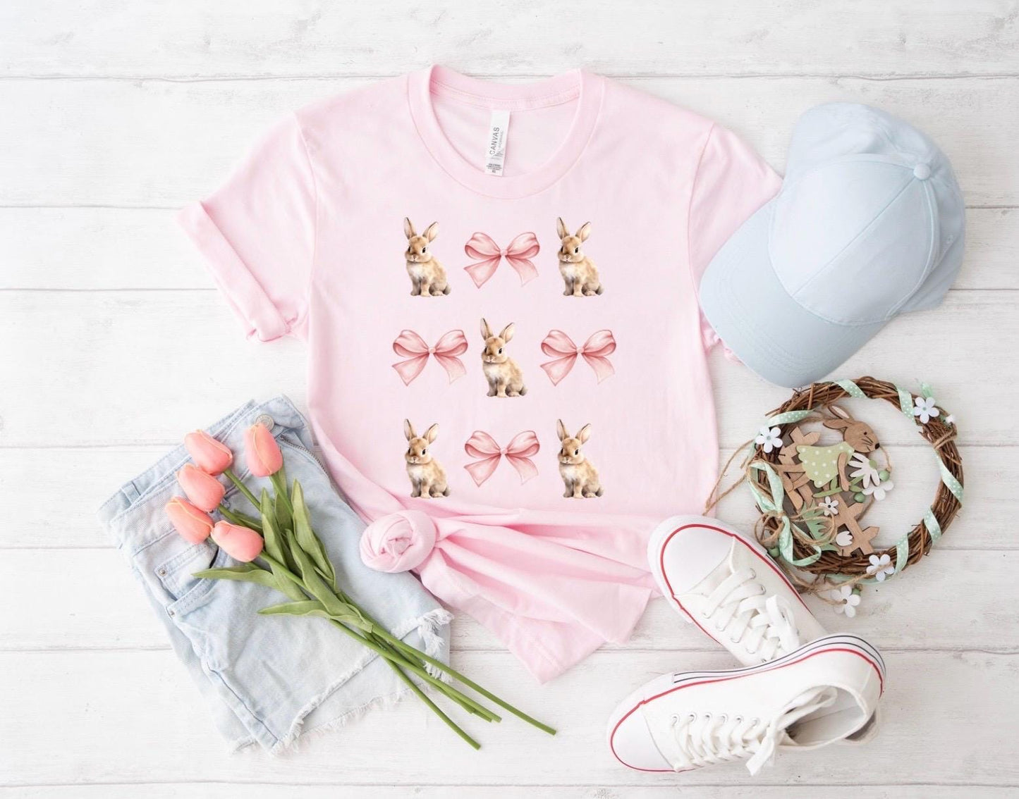 Pastel Bunny & Bow Tee – Cute Easter Shirt, Adorable Bunny T-Shirt, Soft Spring Outfit, Cottagecore Aesthetic, Bunny Lover Gift