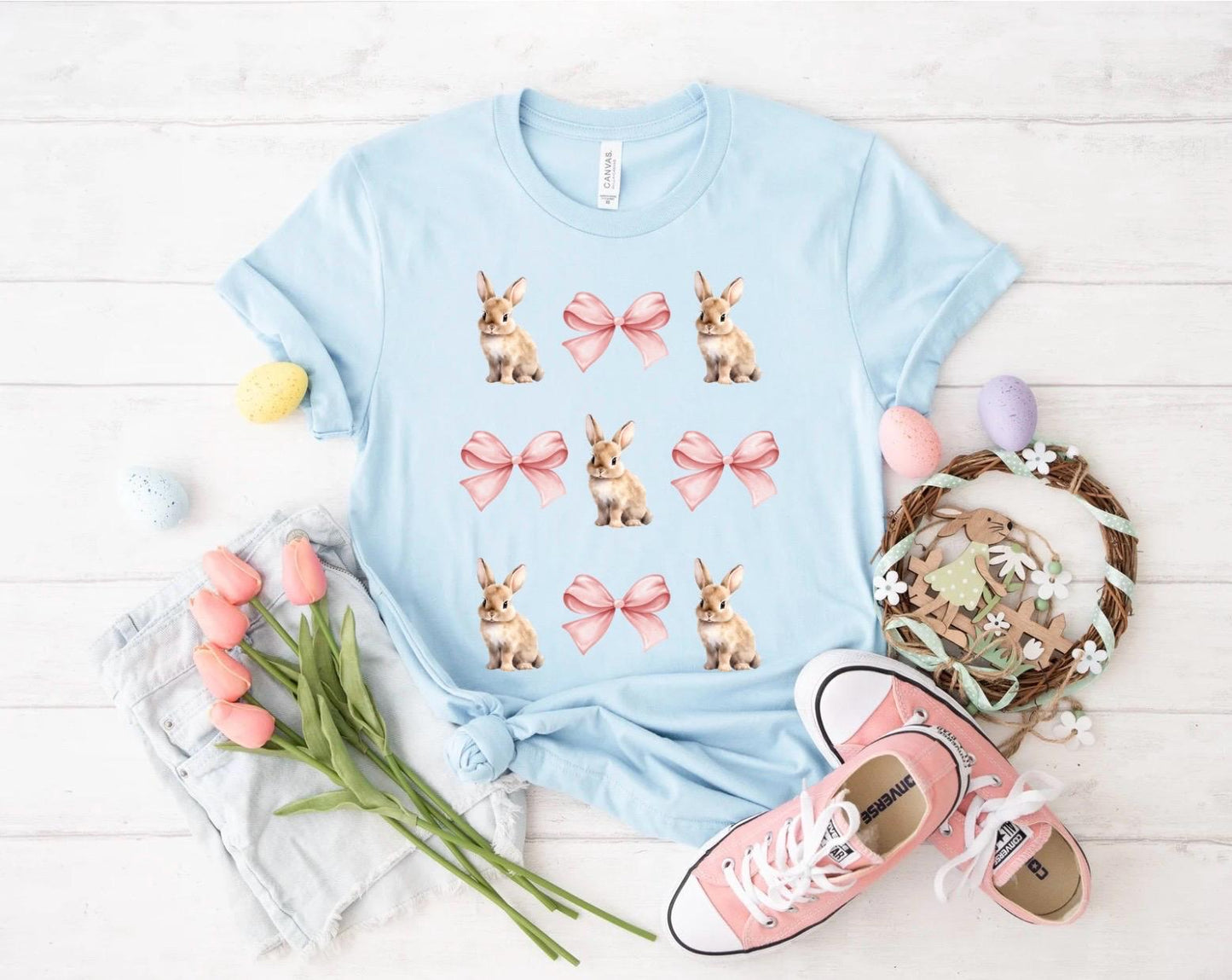 Pastel Bunny & Bow Tee – Cute Easter Shirt, Adorable Bunny T-Shirt, Soft Spring Outfit, Cottagecore Aesthetic, Bunny Lover Gift