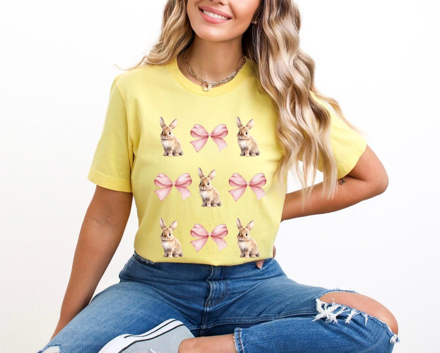 Pastel Bunny & Bow Tee – Cute Easter Shirt, Adorable Bunny T-Shirt, Soft Spring Outfit, Cottagecore Aesthetic, Bunny Lover Gift