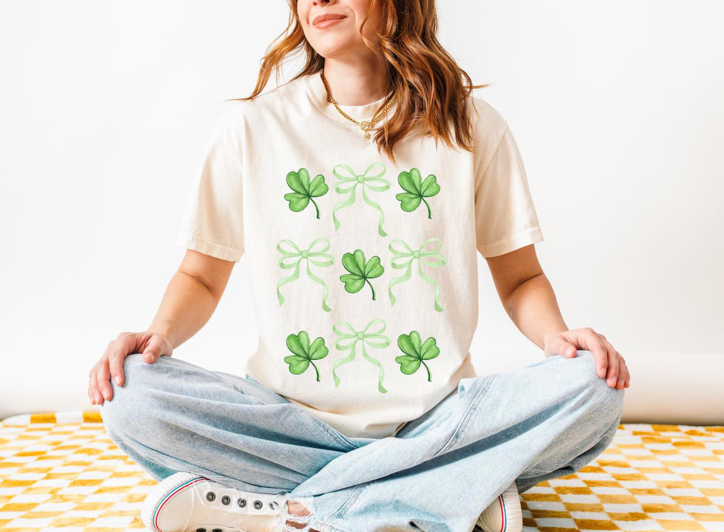 St. Patrick's Day Clover & Bow T-Shirt - Cute Green Shamrock Graphic Tee for Festive and Lucky Vibes!