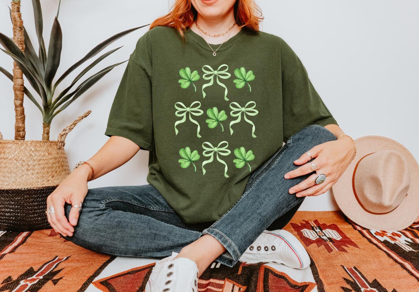 St. Patrick's Day Clover & Bow T-Shirt - Cute Green Shamrock Graphic Tee for Festive and Lucky Vibes!