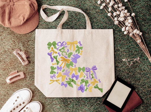 Mardi Gras Tote Bag for beads and more! | tote, bead bag, cute, bows, holiday