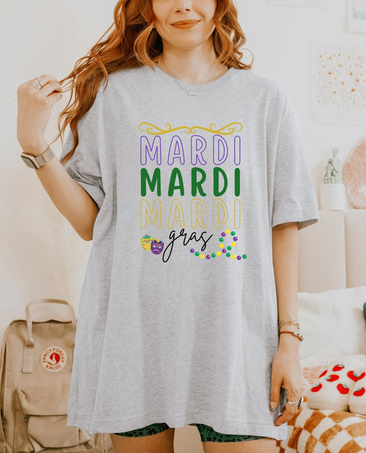 Mardi Gras Oversized Graphic T-Shirt – Colorful Festive Carnival Tee, New Orleans Party Shirt, Bold Lettering, Beads & Mask Design