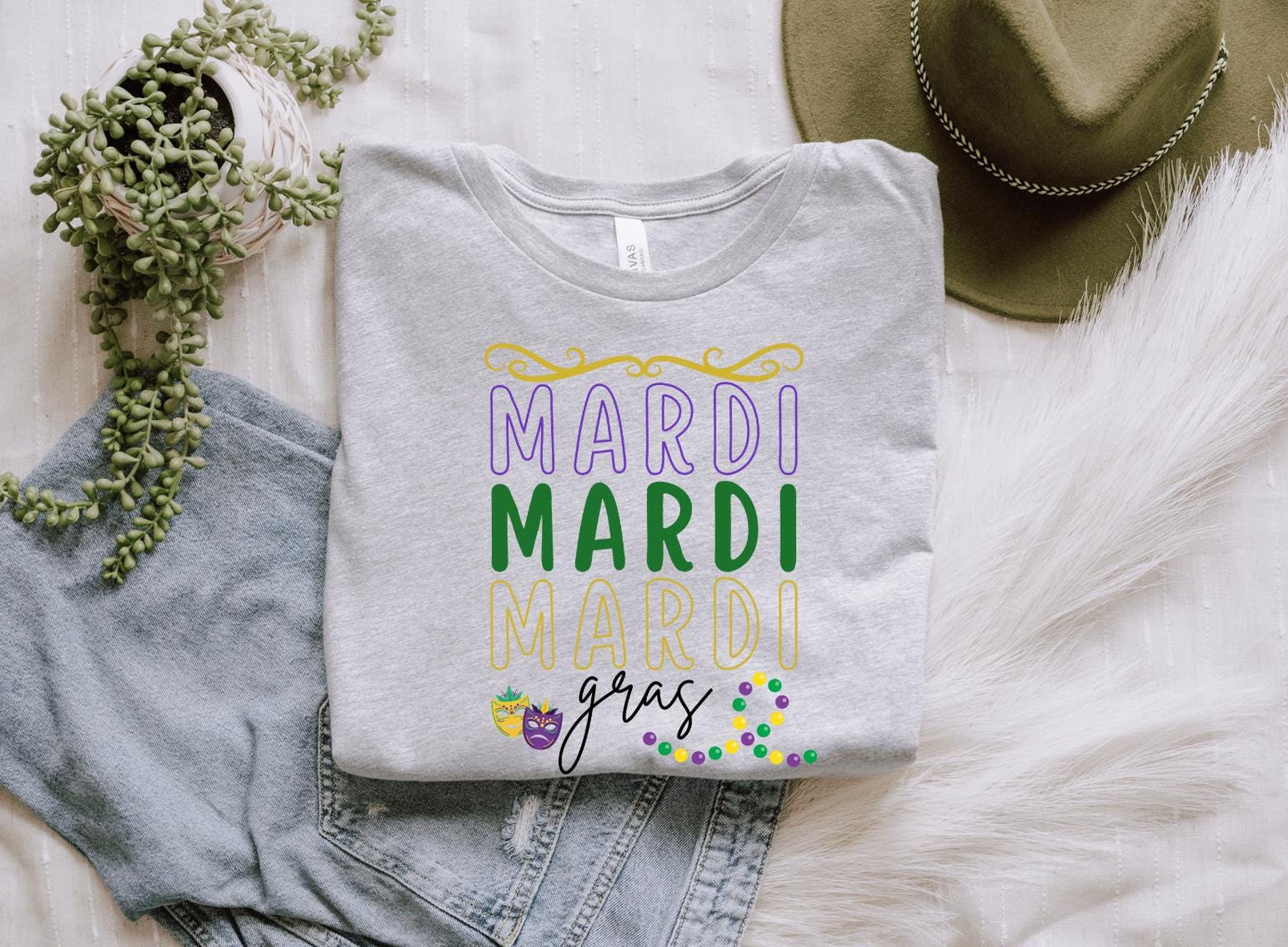 Mardi Gras Oversized Graphic T-Shirt – Colorful Festive Carnival Tee, New Orleans Party Shirt, Bold Lettering, Beads & Mask Design