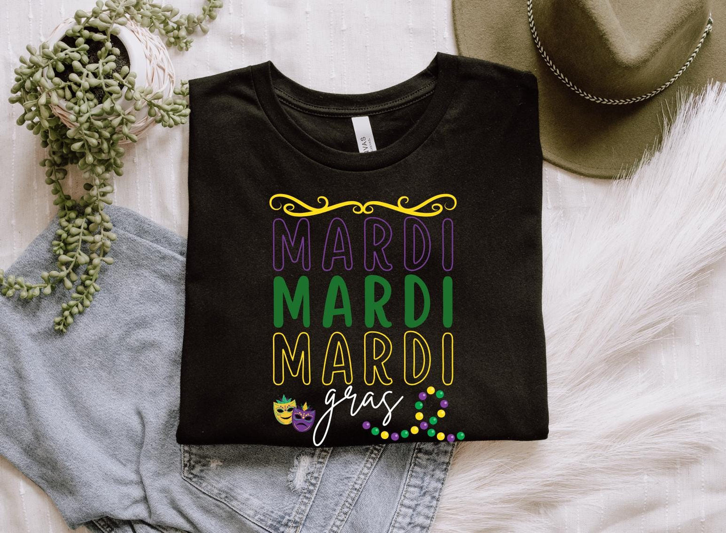 Mardi Gras Oversized Graphic T-Shirt – Colorful Festive Carnival Tee, New Orleans Party Shirt, Bold Lettering, Beads & Mask Design