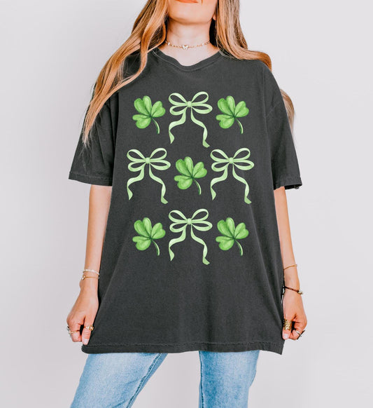 St. Patrick's Day Clover & Bow T-Shirt - Cute Green Shamrock Graphic Tee for Festive and Lucky Vibes!